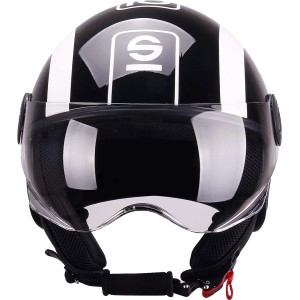 Casco da moto nero con striscia bianca e visiera.