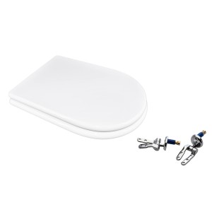 Sedile WC t.b.t. bianco con accessori di montaggio per l'installazione.