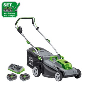 Set tosaerba a batteria LUX con 2 batterie e caricabatterie, larghezza taglio 43 cm.