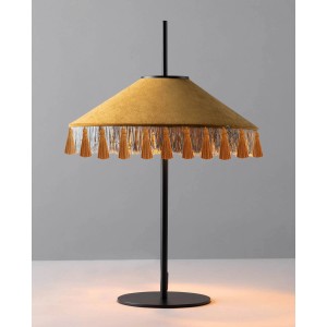 Lampada da tavolo in tessuto giallo con frange, design moderno.