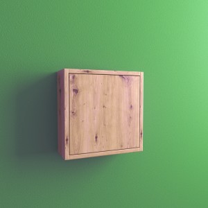 Mobile bagno pensile t.b.t. color legno montato su una parete verde.