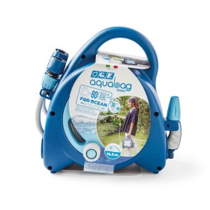 Avvolgitubo blu con tubo e lancia. Ideale per l'irrigazione del giardino.