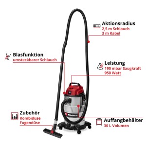Aspirapolvere Einhell TC-VC 3055 S, rosso-argento, serbatoio inox 30L, funzione soffiante, ruote, ugelli.