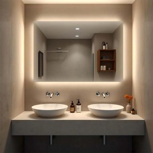 Specchio da parete rettangolare t.b.t. con illuminazione a LED in bagno moderno.