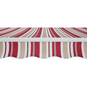 Dettaglio di una tenda da sole t.b.t. a strisce rosse e beige.