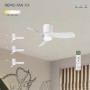Ventilatore da soffitto bianco con tre pale e telecomando.