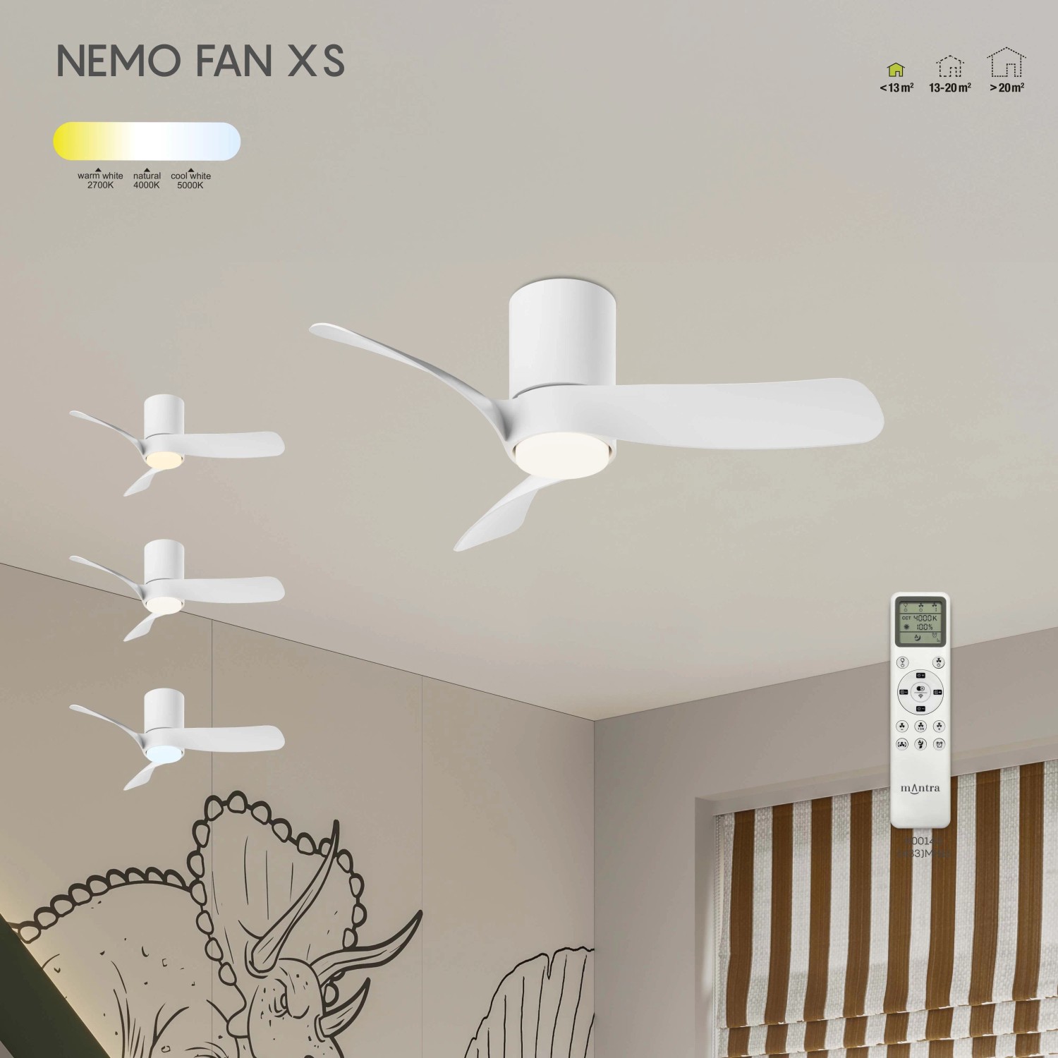 Ventilatore da soffitto bianco con tre pale e telecomando.
