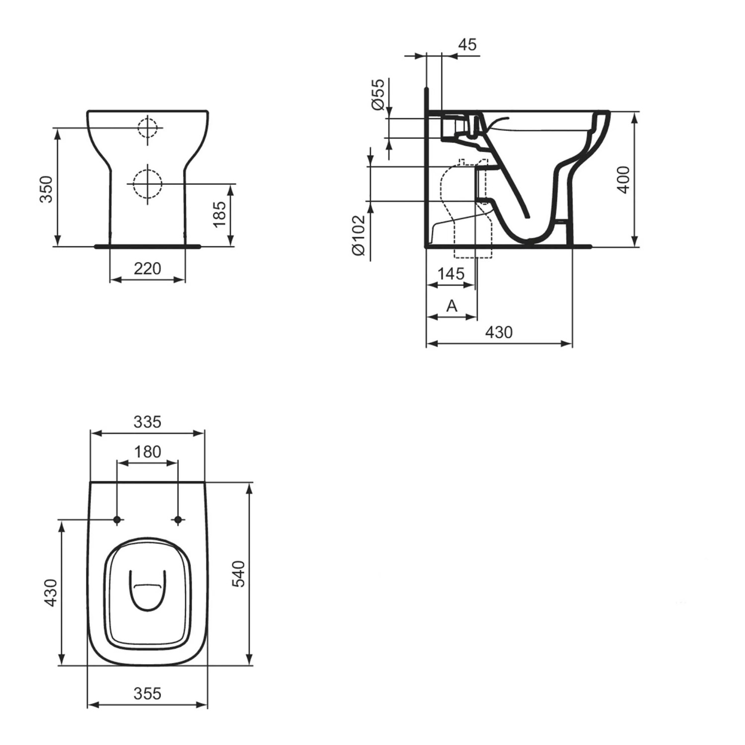 Disegno tecnico WC filo muro con misure per l'installazione.
