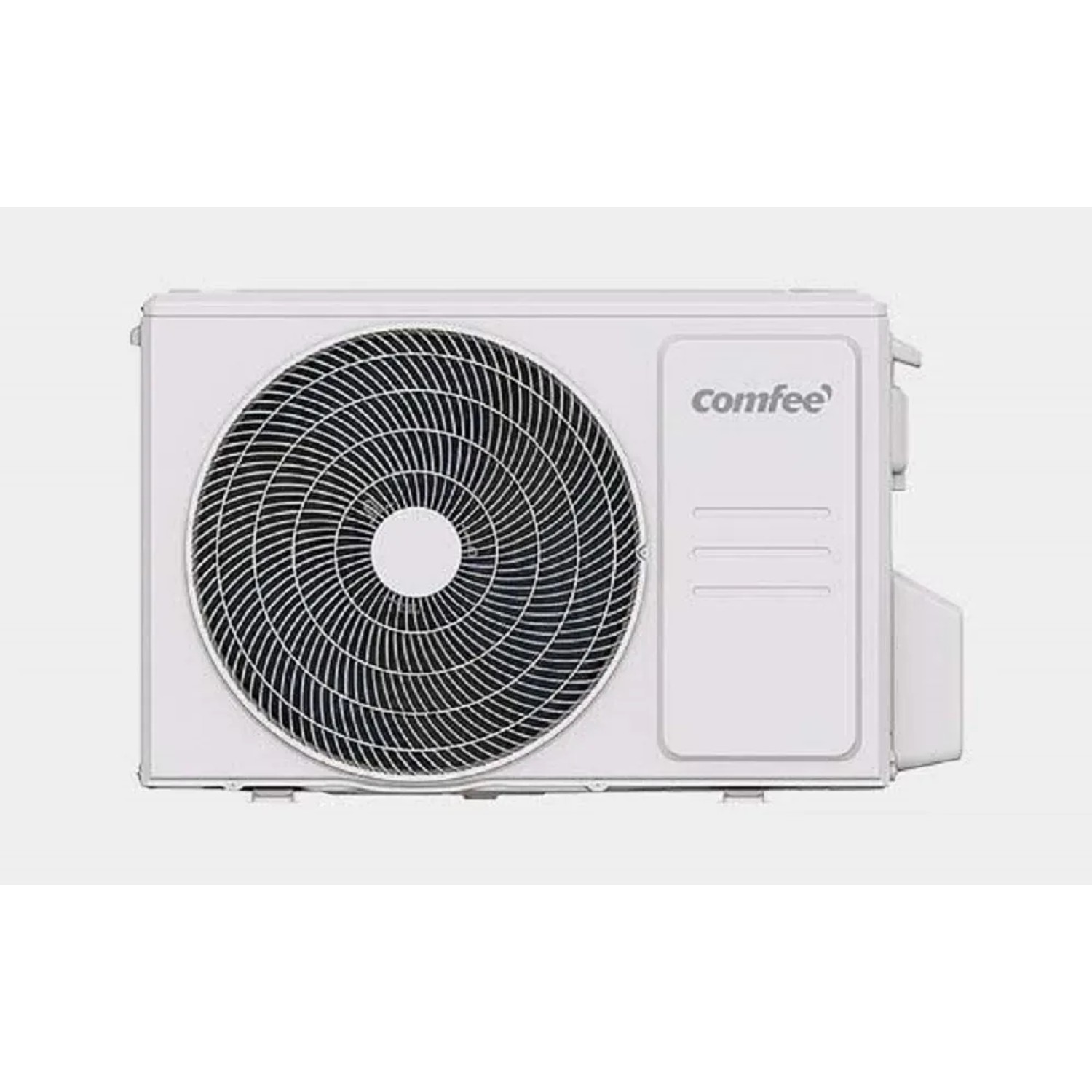 Unità esterna bianca di un condizionatore t.b.t. con griglia della ventola.