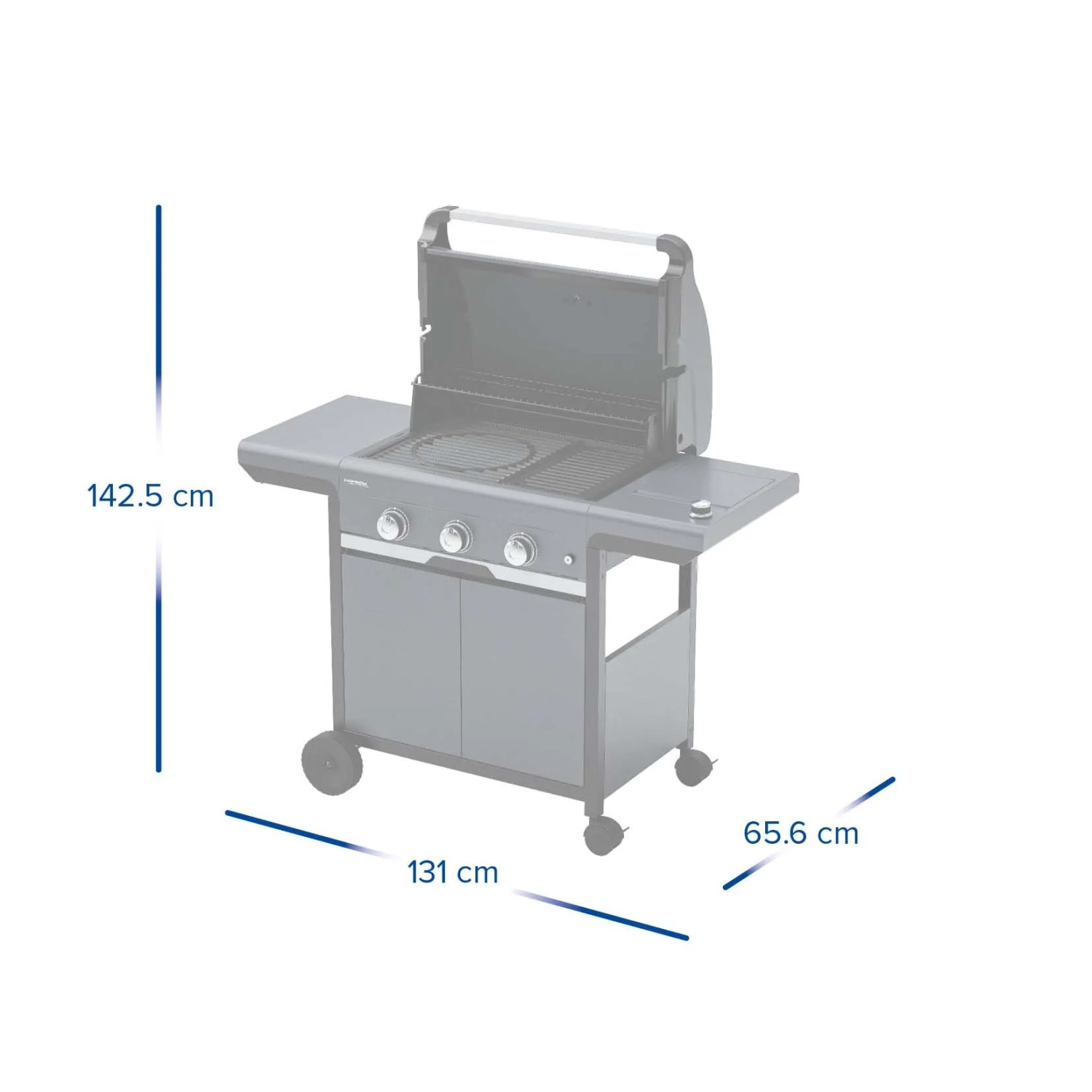 Illustrazione di un barbecue a gas con dimensioni 142,5 x 131 x 65,6 cm.