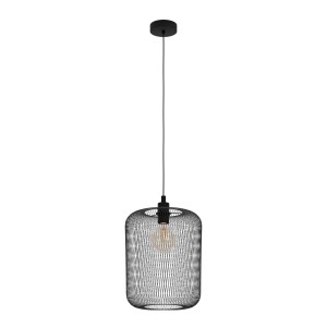 Lampada a sospensione t.b.t. nera con paralume in filo metallico per un ambiente moderno.