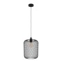 Lampada a sospensione t.b.t. nera con paralume in filo metallico per un ambiente moderno.