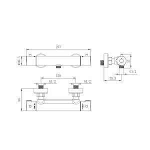 Disegno tecnico di un rubinetto doccia con dimensioni.
