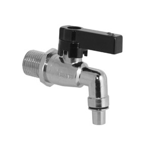 Rubinetto t.b.t. con maniglia nera e finitura cromata.