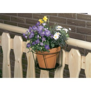 Gancio portavaso antracite (Ø 20 cm) con vaso piantato su una recinzione di legno.