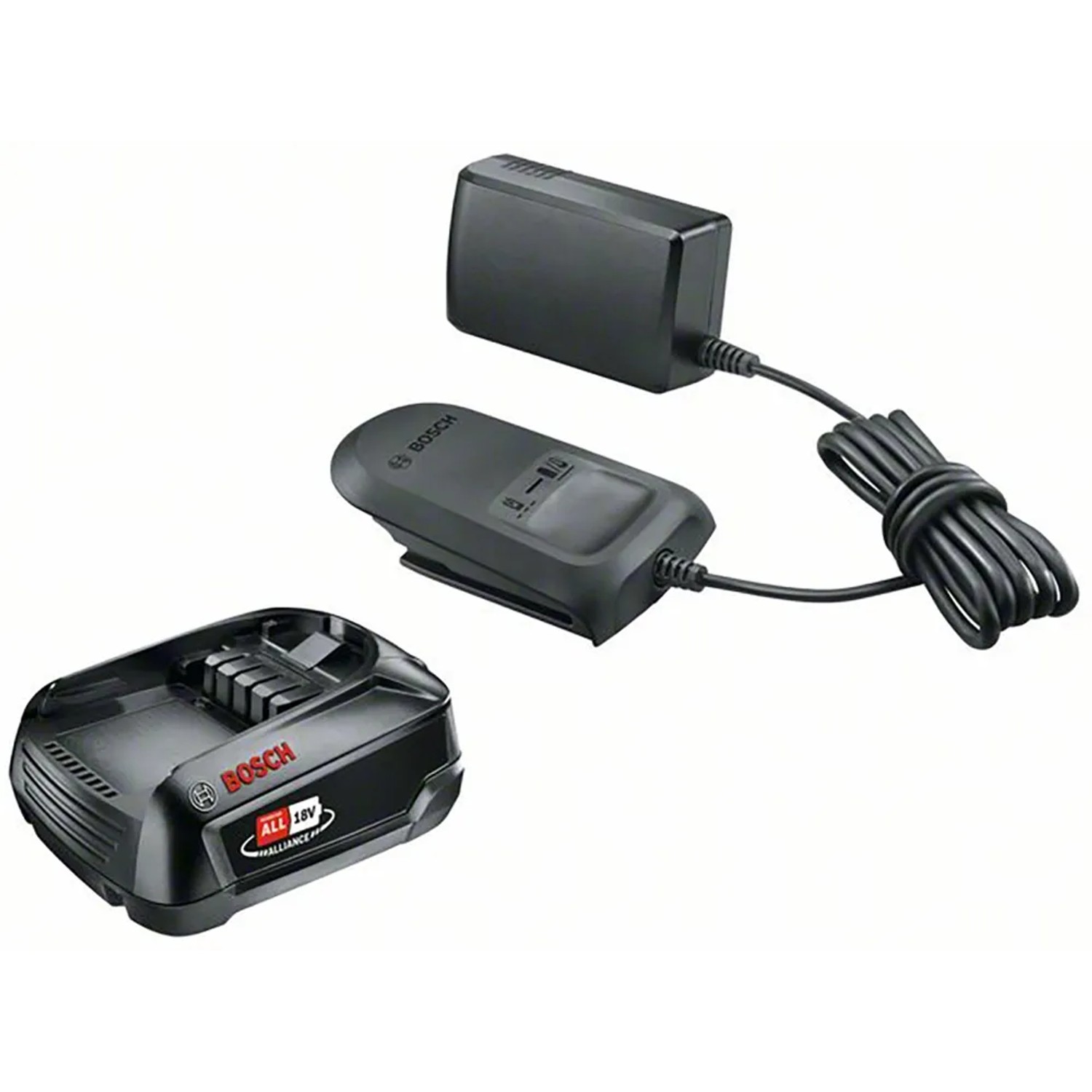 Set avviamento Bosch con batteria 18V e caricabatterie per elettroutensili.