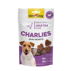 GimDog Charlies Mini Hearts snack per cani con anatra, senza cereali e senza zuccheri aggiunti.