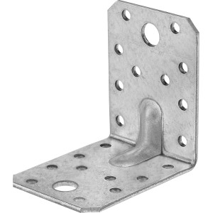 Staffa angolare zincata con nervatura, 70x70x55 mm, per giunzioni angolari e carichi pesanti.