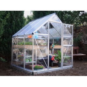 Serra Palram Canopia Hybrid 1.9x1.9 argento con pareti laterali trasparenti e piante.