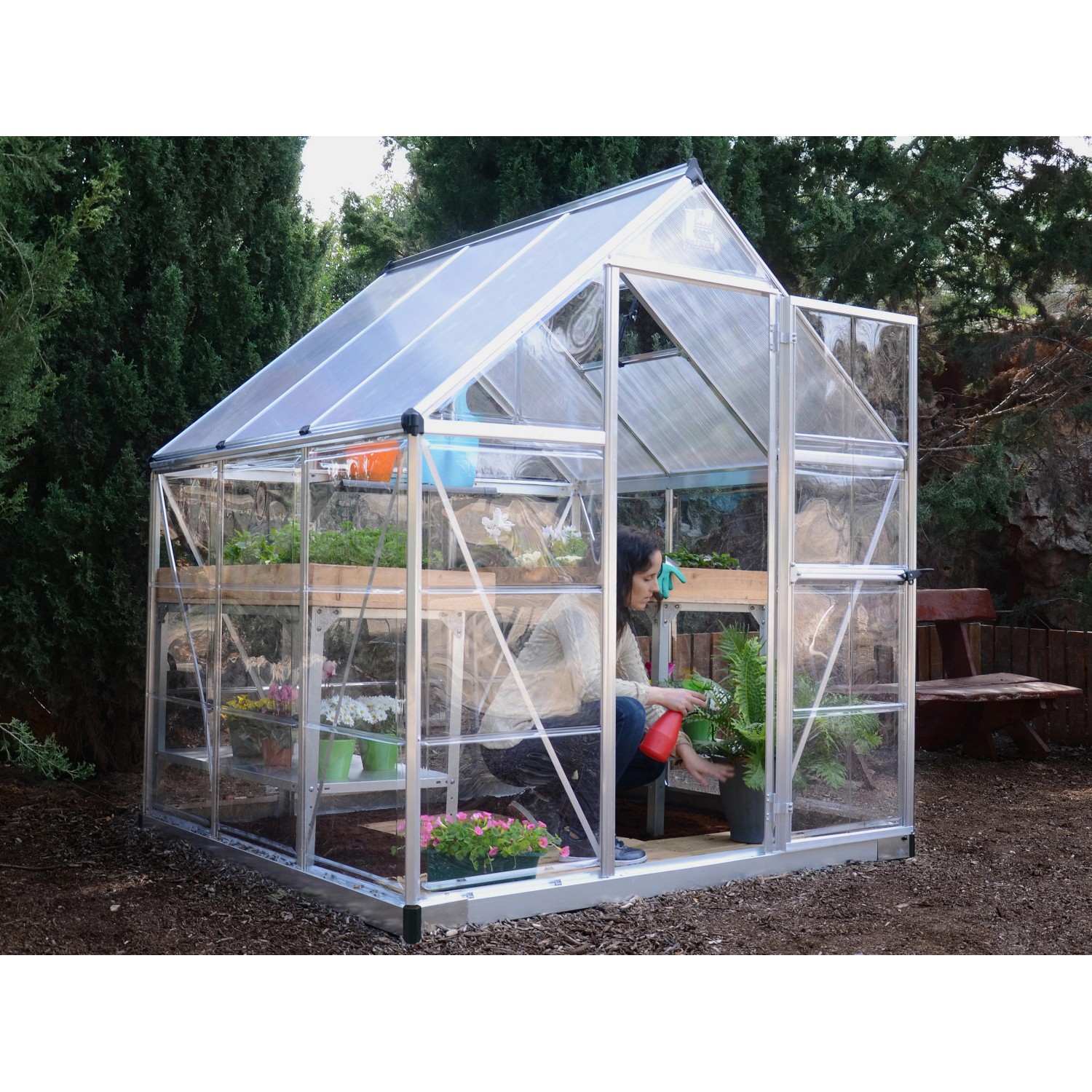 Serra Palram Canopia Hybrid 1.9x1.9 argento con pareti laterali trasparenti e piante.