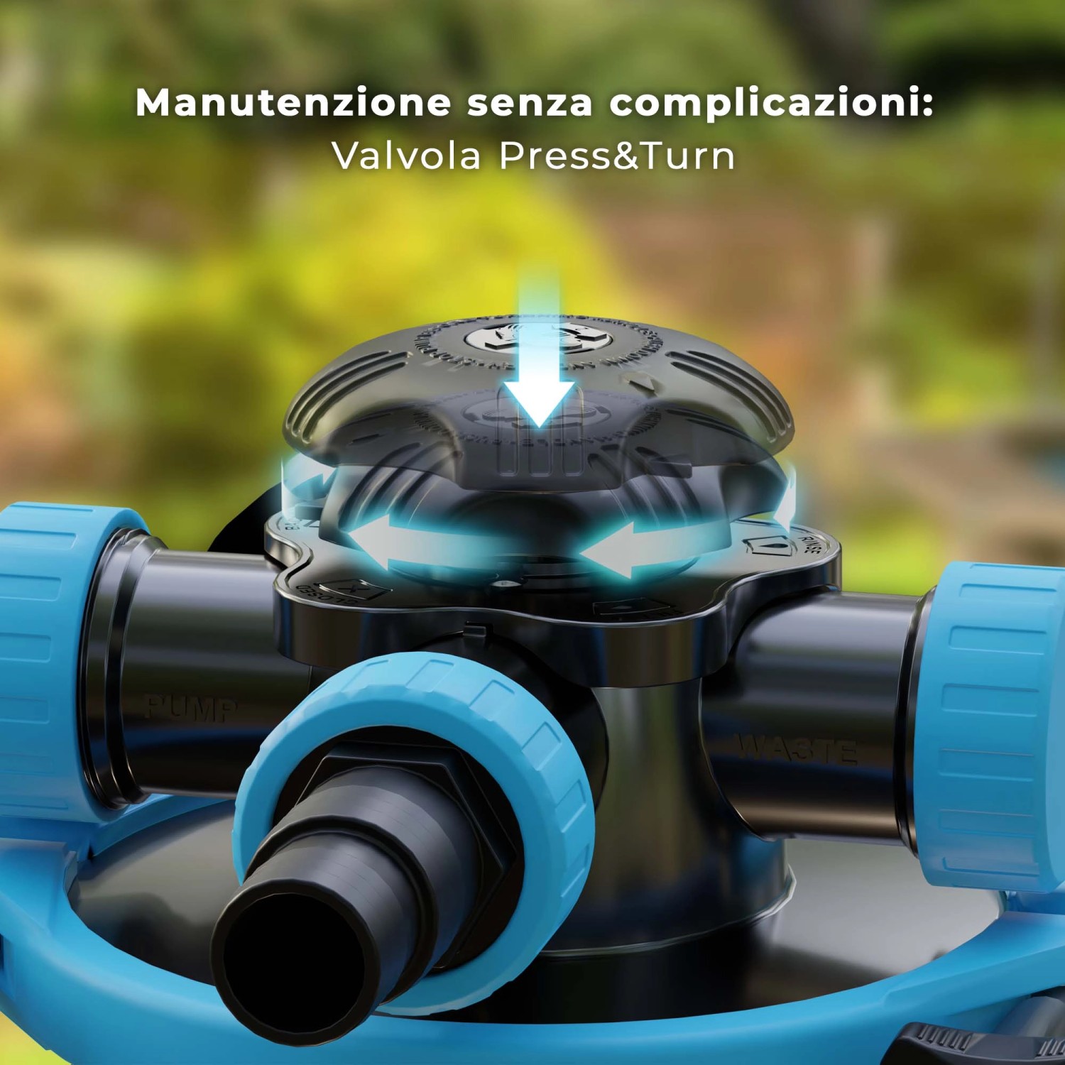 Dettaglio del sistema di filtraggio a sabbia Gre: valvola Press&Turn per una facile manutenzione.