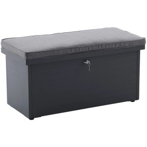 Box contenitore in acciaio antracite con cuscino grigio e serratura. Ideale come panca da giardino o porta cuscini.