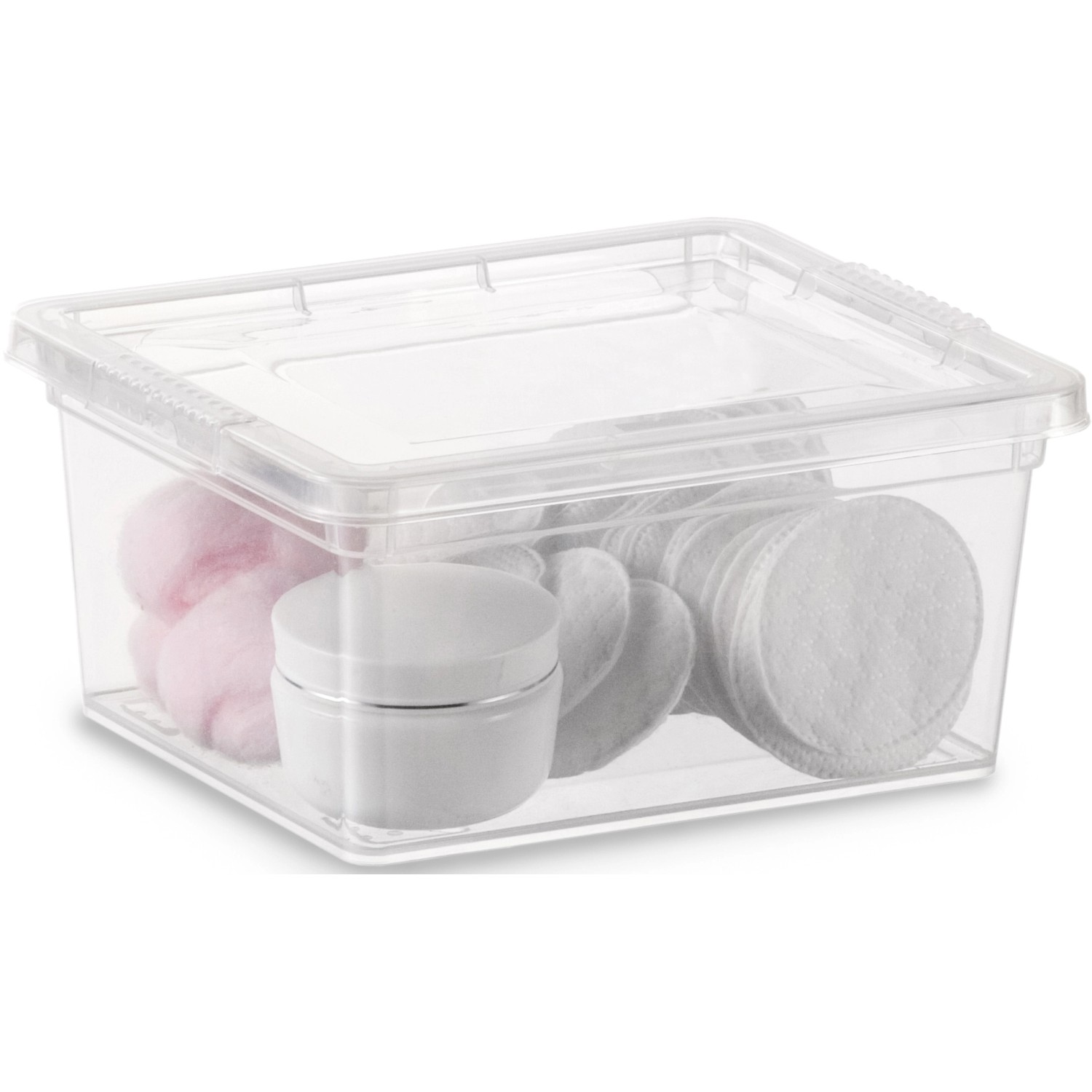 Box contenitore trasparente KIS C XXS con coperchio, riempita con dischetti di cotone e cosmetici.