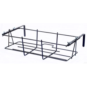 Portacassetta da balcone in metallo nero per fissaggio a ringhiera.