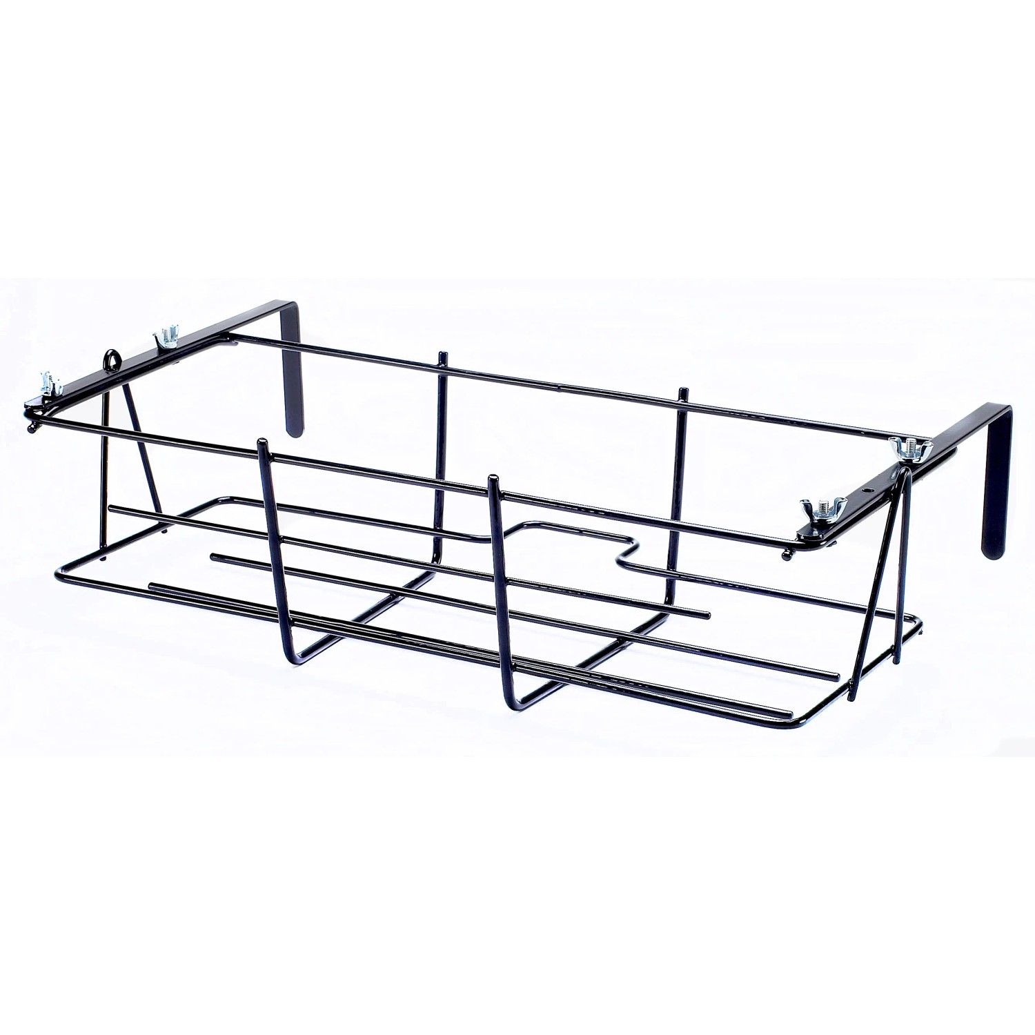 Portacassetta da balcone in metallo nero per fissaggio a ringhiera.