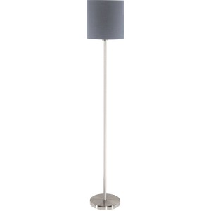 Moderna lampada da terra Eglo Pasteri, nichel-grigio opaco, con paralume in tessuto grigio. Lampada da terra di design per soggiorno.