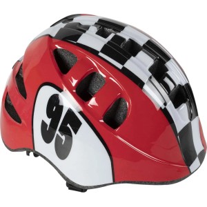 Casco da bici rosso e bianco con motivo a scacchi e il numero 95 per bambini.