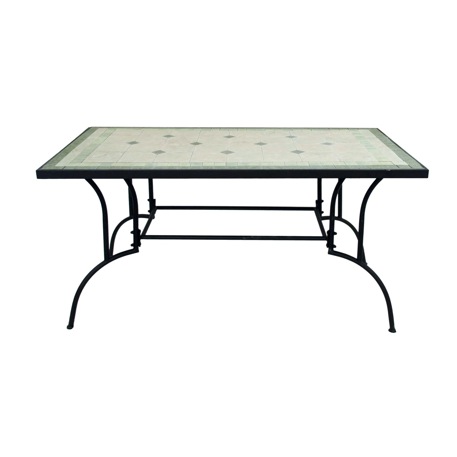 Tavolo da giardino rettangolare con piano a mosaico e struttura in metallo nero.