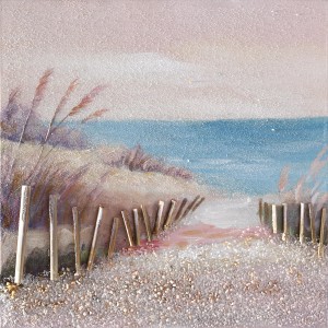 Quadri: Scena di spiaggia con erbe e recinzione in tonalità chiare.