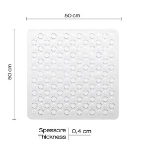 Tappetino doccia trasparente (50x50cm) con ventose per una presa sicura nella doccia.