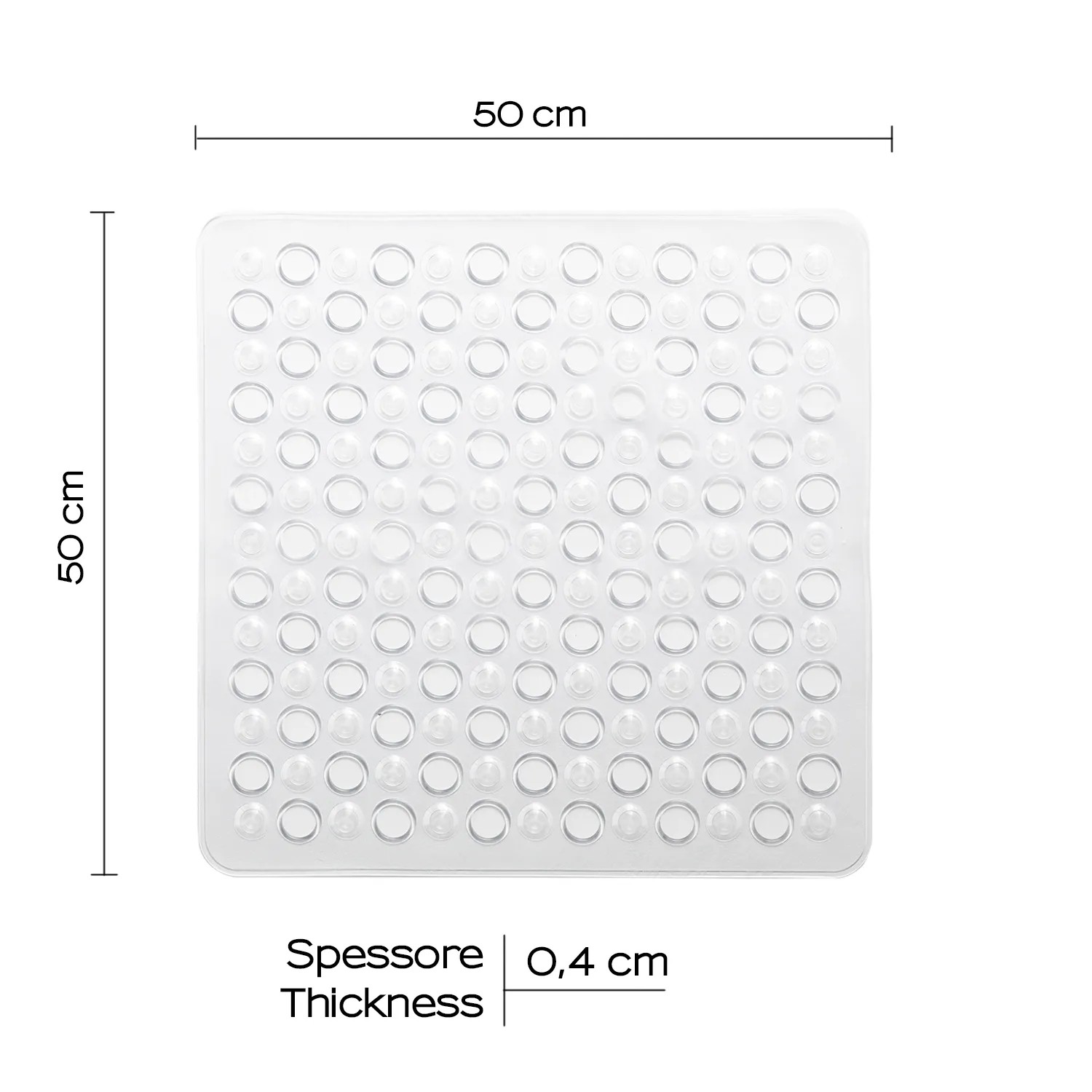Tappetino doccia trasparente (50x50cm) con ventose per una presa sicura nella doccia.