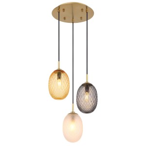Lampada a sospensione t.b.t. con tre paralumi in vetro colorato (giallo, grigio, bianco).
