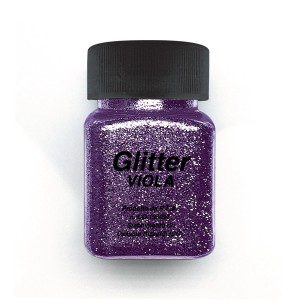 Glitter viola in barattolo per effetti creativi.