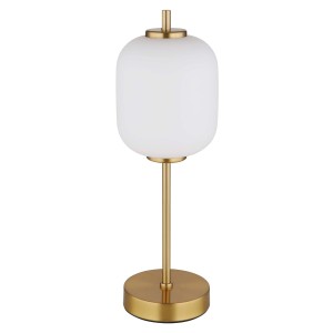 Elegante lampada da tavolo LED con paralume bianco e base dorata.
