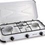 Fornello da campeggio bianco a 3 fuochi t.b.t. per cucinare all'aperto.