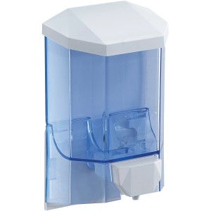 Dispenser sapone blu con coperchio e pompa bianchi.