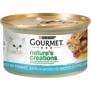 Gourmet Nature's Creations cibo umido per gatti con tonno, pomodori e riso in lattina.
