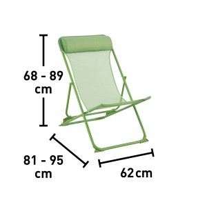 Sedia da campeggio verde con poggiatesta e dimensioni.