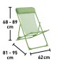 Sedia da campeggio verde con poggiatesta e dimensioni.