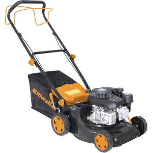 Tagliaerba a scoppio nero con cesto di raccolta e dettagli gialli.