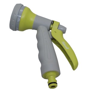 Pistola per irrigazione giallo-grigia. Modalità di spruzzo regolabili.