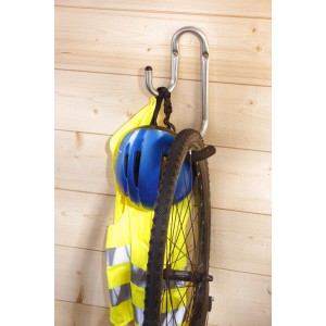 Gancio a muro con bicicletta, casco e gilet di sicurezza. Ideale per riporre in garage o cantina.