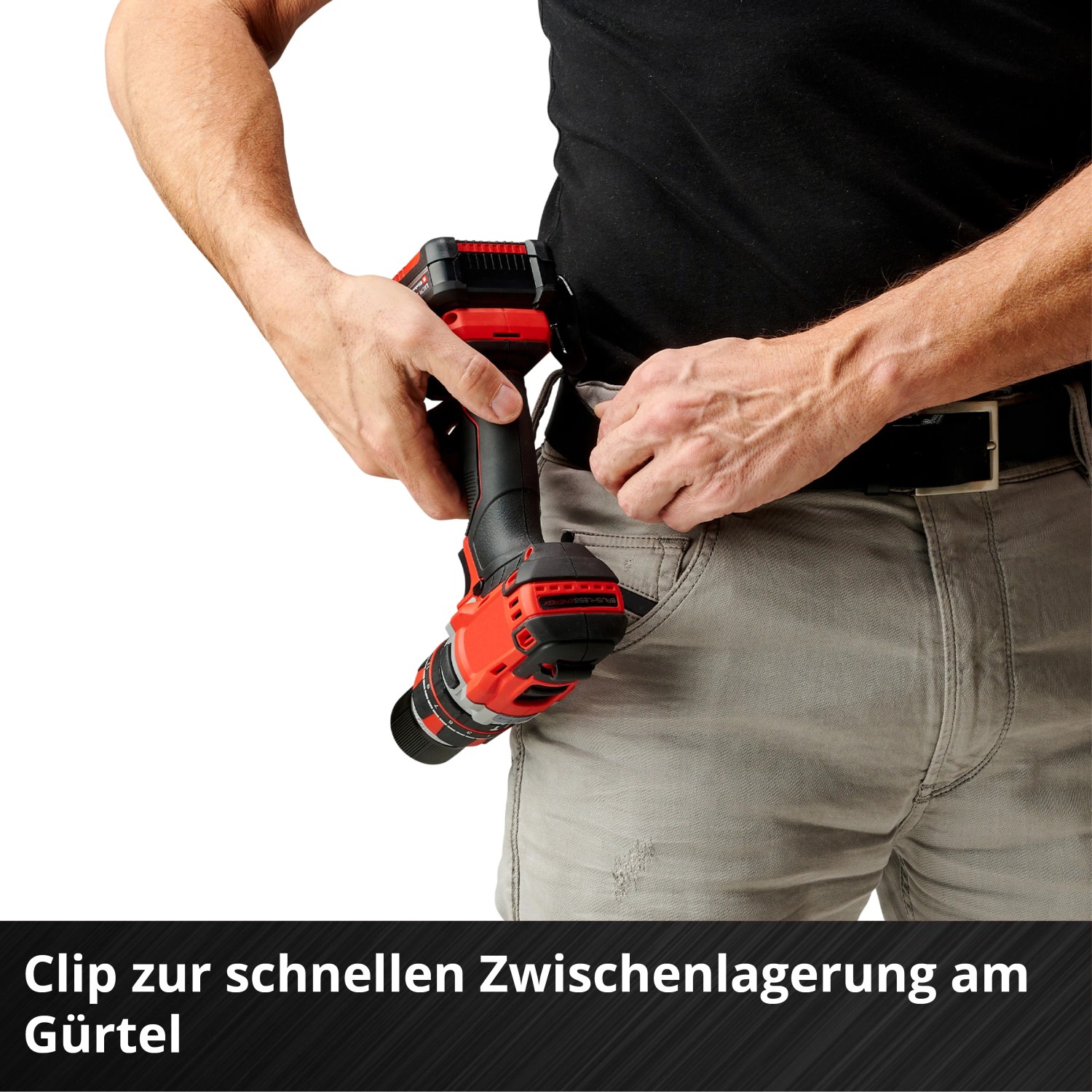 Avvitatore a impulsi a batteria Einhell su clip da cintura per un rapido accesso.