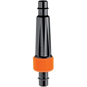 Connettore nero per microirrigazione con anello arancione.