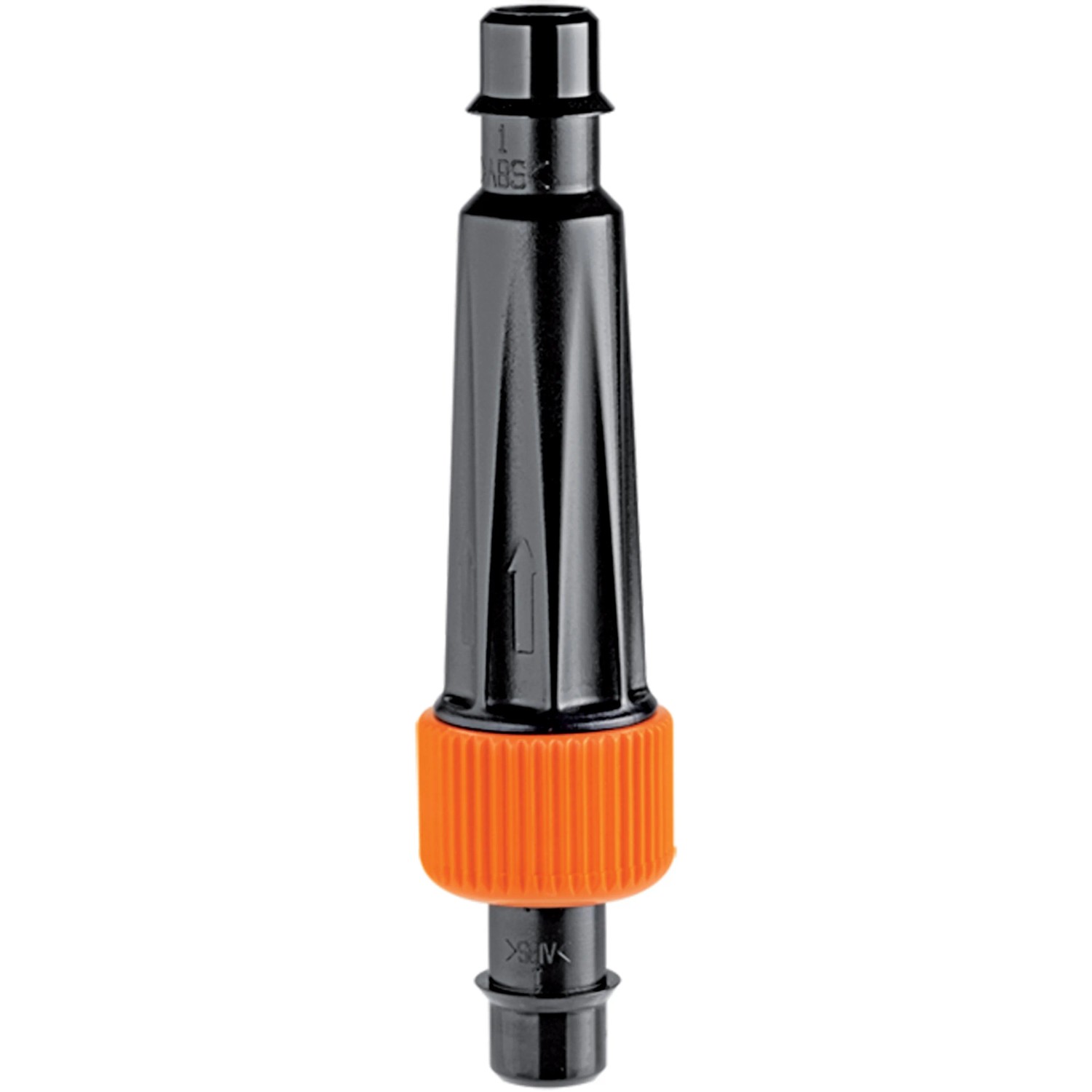 Connettore nero per microirrigazione con anello arancione.