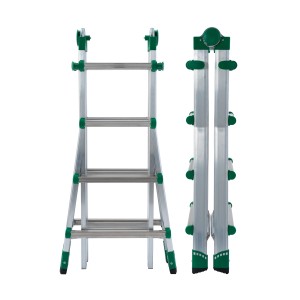 Scala t.b.t., alluminio con dettagli verdi, mostrata sia aperta che piegata.
